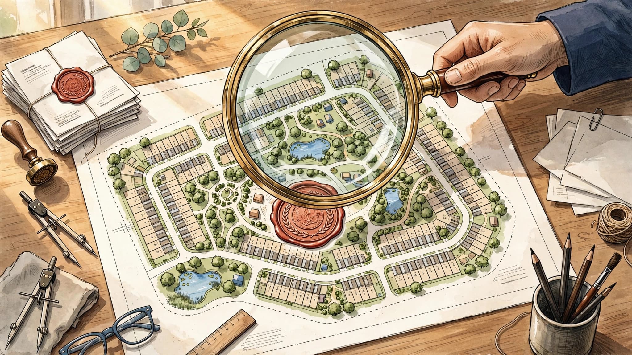 Magnifying glass over an approved housing society layout plan with official documents on a desk