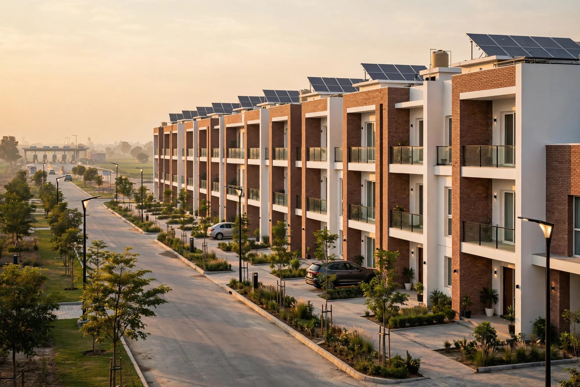 Modern brick and white town houses with rooftop solar panels along a landscaped street in a Lahore housing society