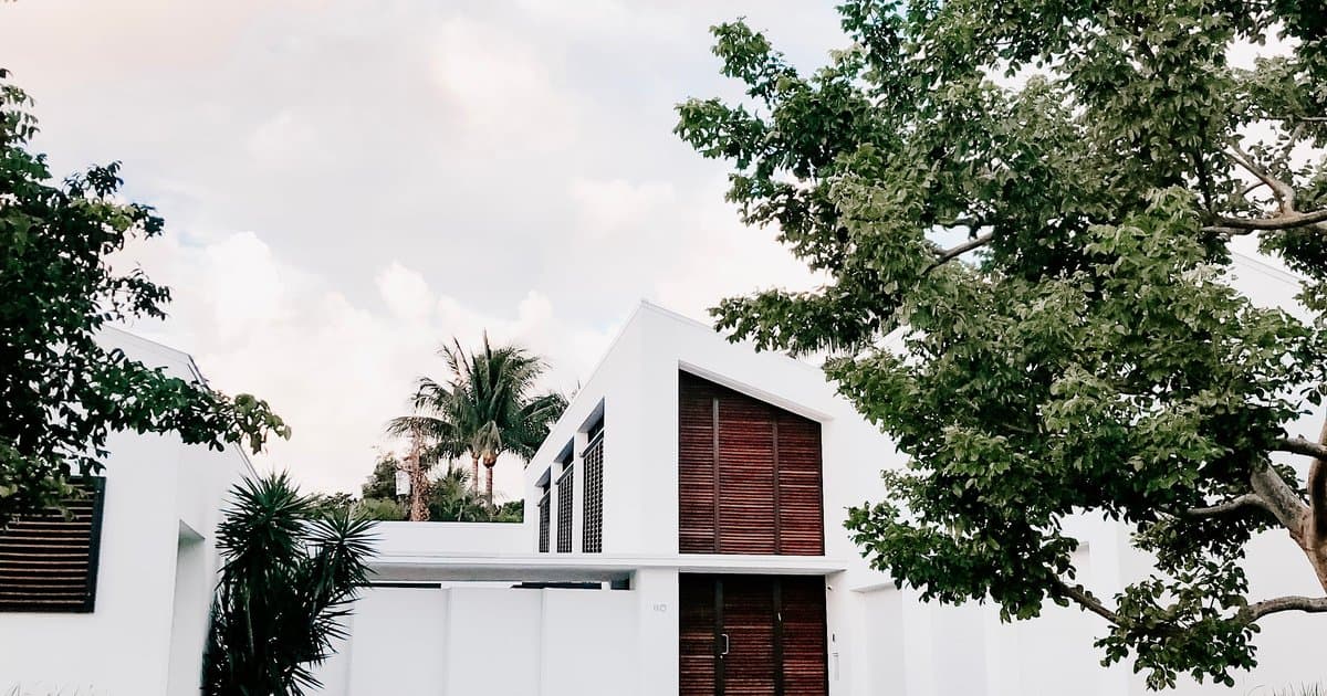 Modern white house exterior with trees in a residential neighbourhood